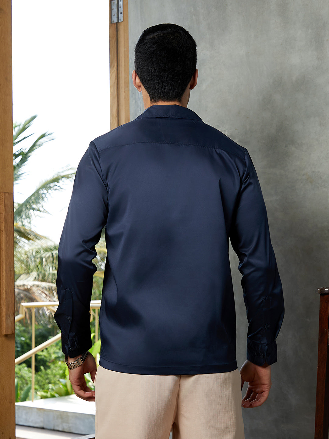 Men Prussian Blue Solid Cuban Shirt