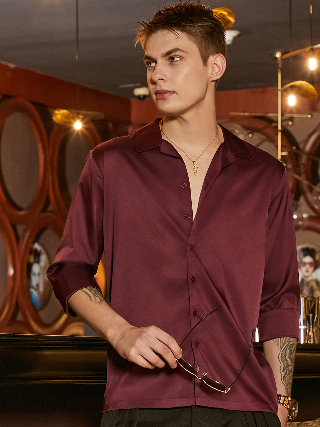 Men Burgundy Red Solid Cuban Shirt