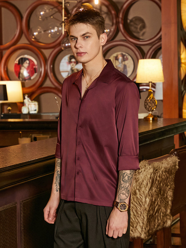 Men Burgundy Red Solid Cuban Shirt