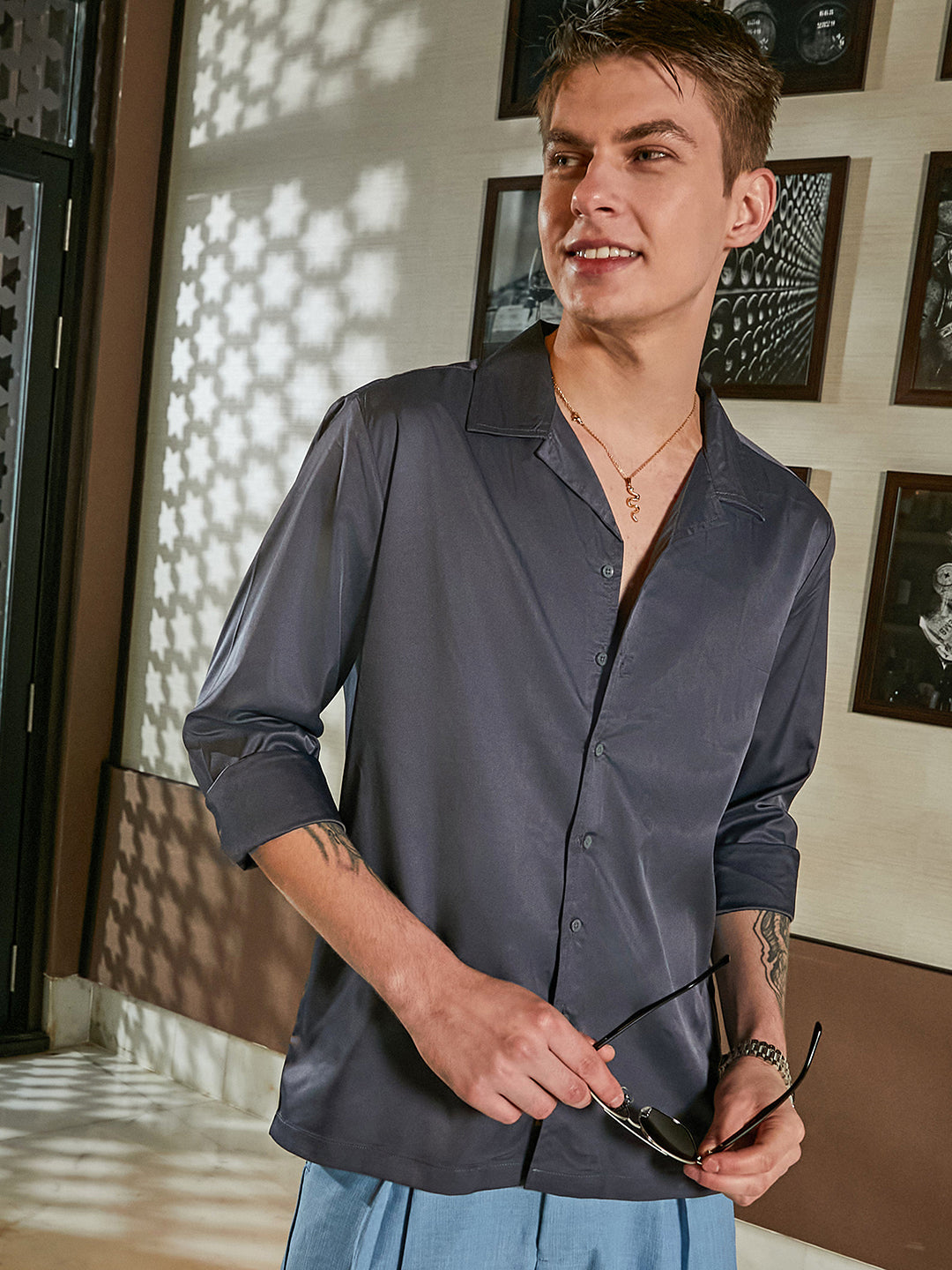 Men Charcoal Grey Solid Cuban Shirt