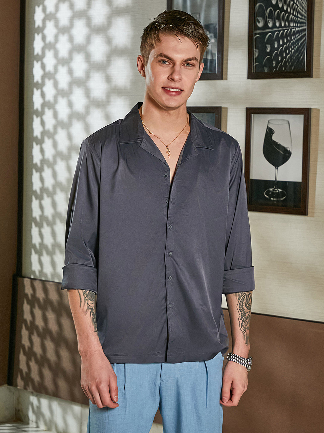 Men Charcoal Grey Solid Cuban Shirt