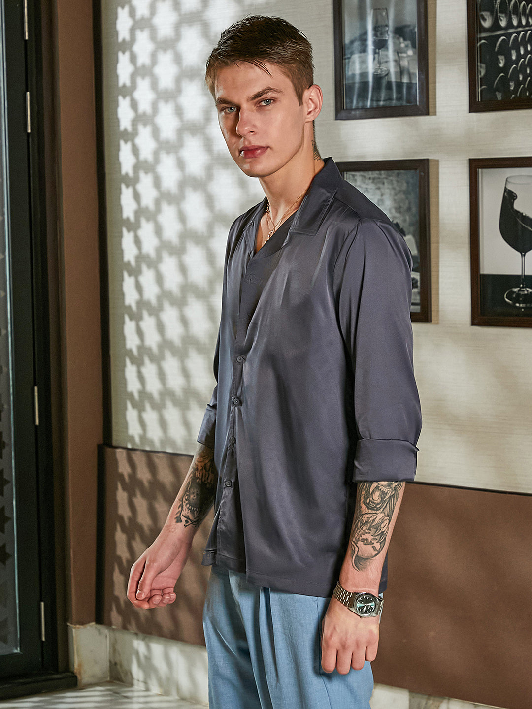 Men Charcoal Grey Solid Cuban Shirt