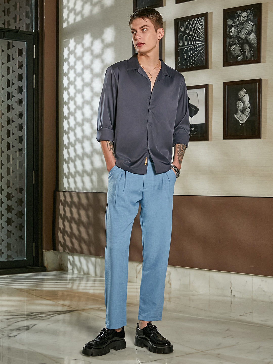 Men Charcoal Grey Solid Cuban Shirt