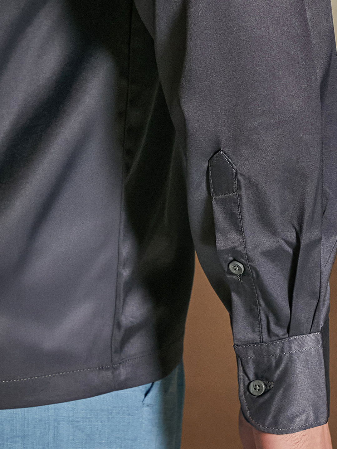 Men Charcoal Grey Solid Cuban Shirt