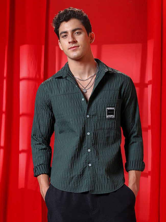 Men Forest Green Panelled -Tactile Shirt