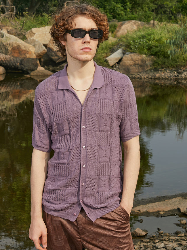 Men Mauve Purple Patch-Knit Shirt