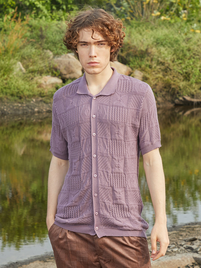 Men Mauve Purple Patch-Knit Shirt