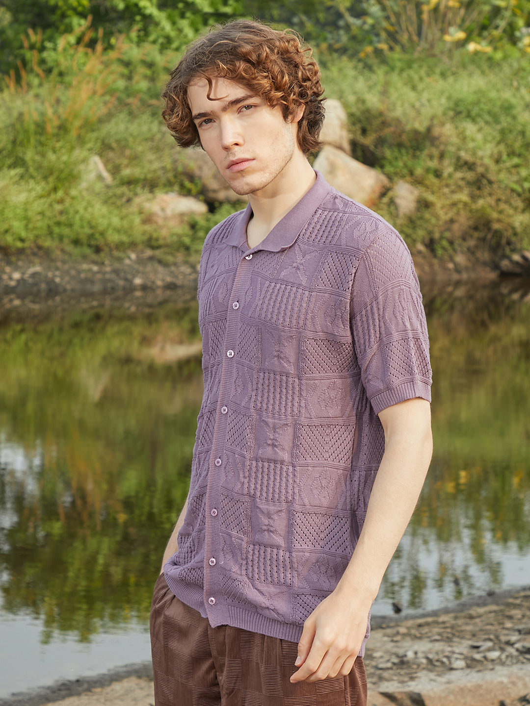 Men Mauve Purple Patch-Knit Shirt