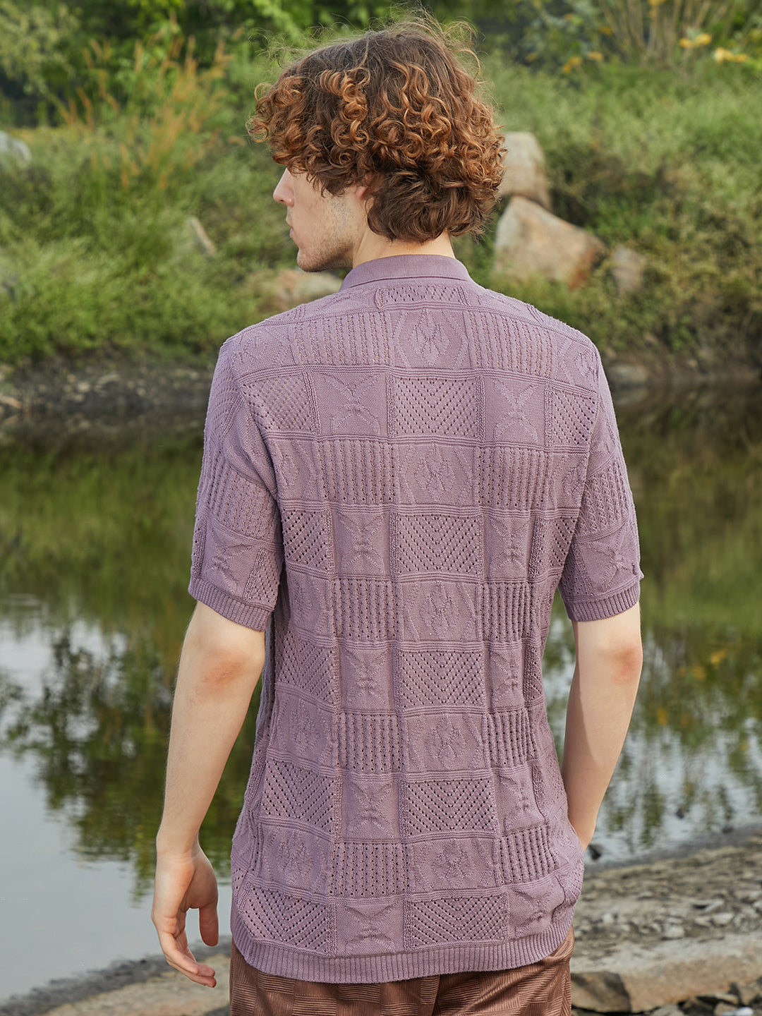 Men Mauve Purple Patch-Knit Shirt