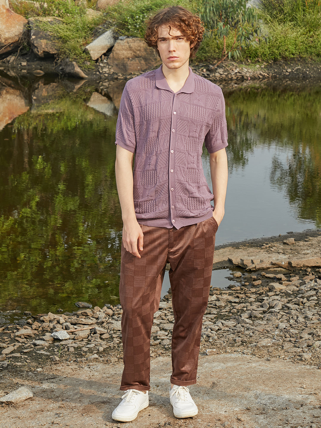 Men Mauve Purple Patch-Knit Shirt