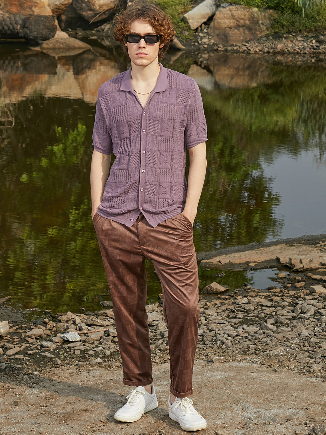 Men Mauve Purple Patch-Knit Shirt