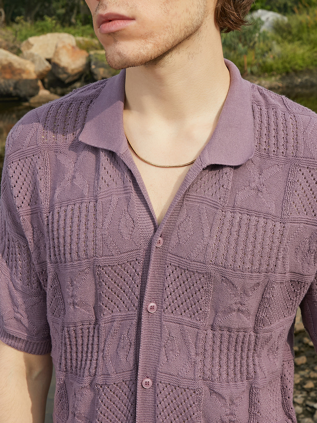 Men Mauve Purple Patch-Knit Shirt