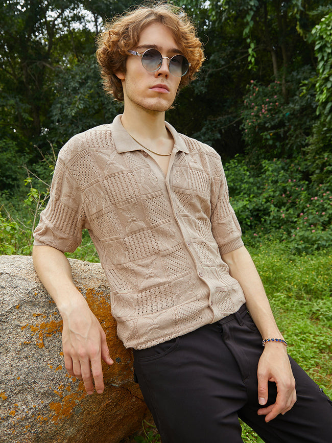 Men Sand Beige Patch-Knit Shirt