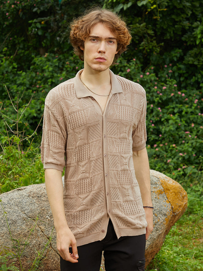 Men Sand Beige Patch-Knit Shirt