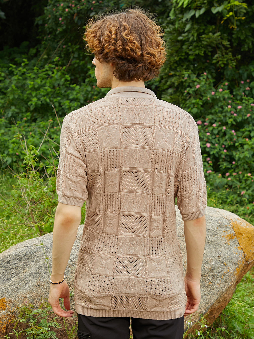 Men Sand Beige Patch-Knit Shirt