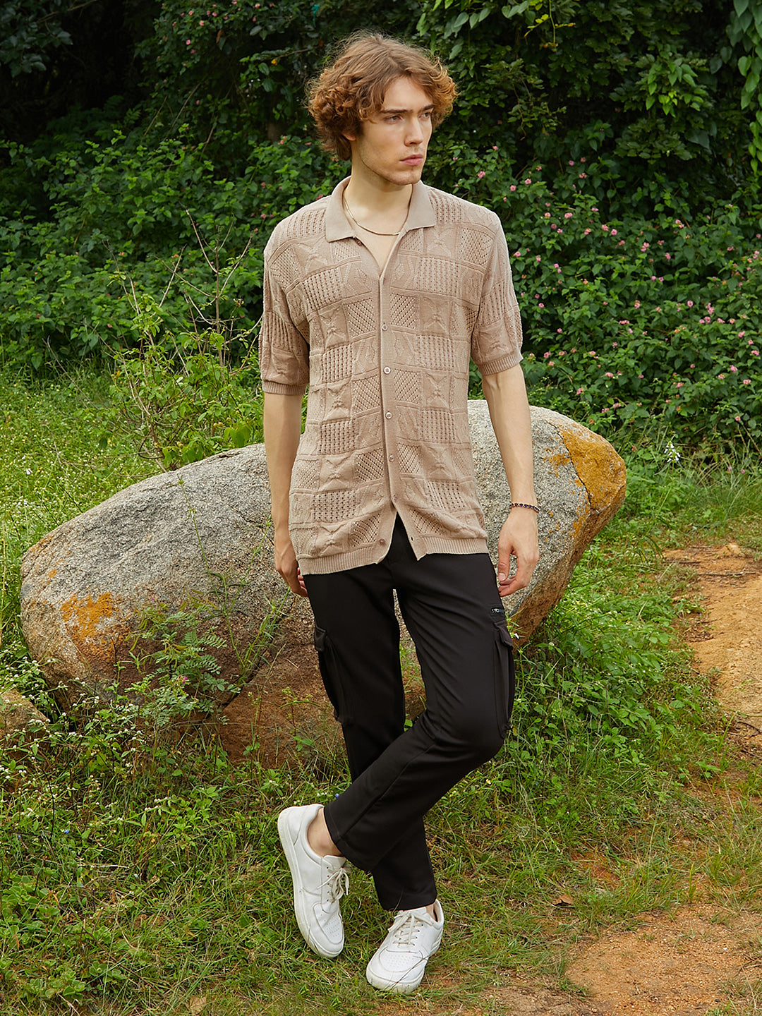 Men Sand Beige Patch-Knit Shirt