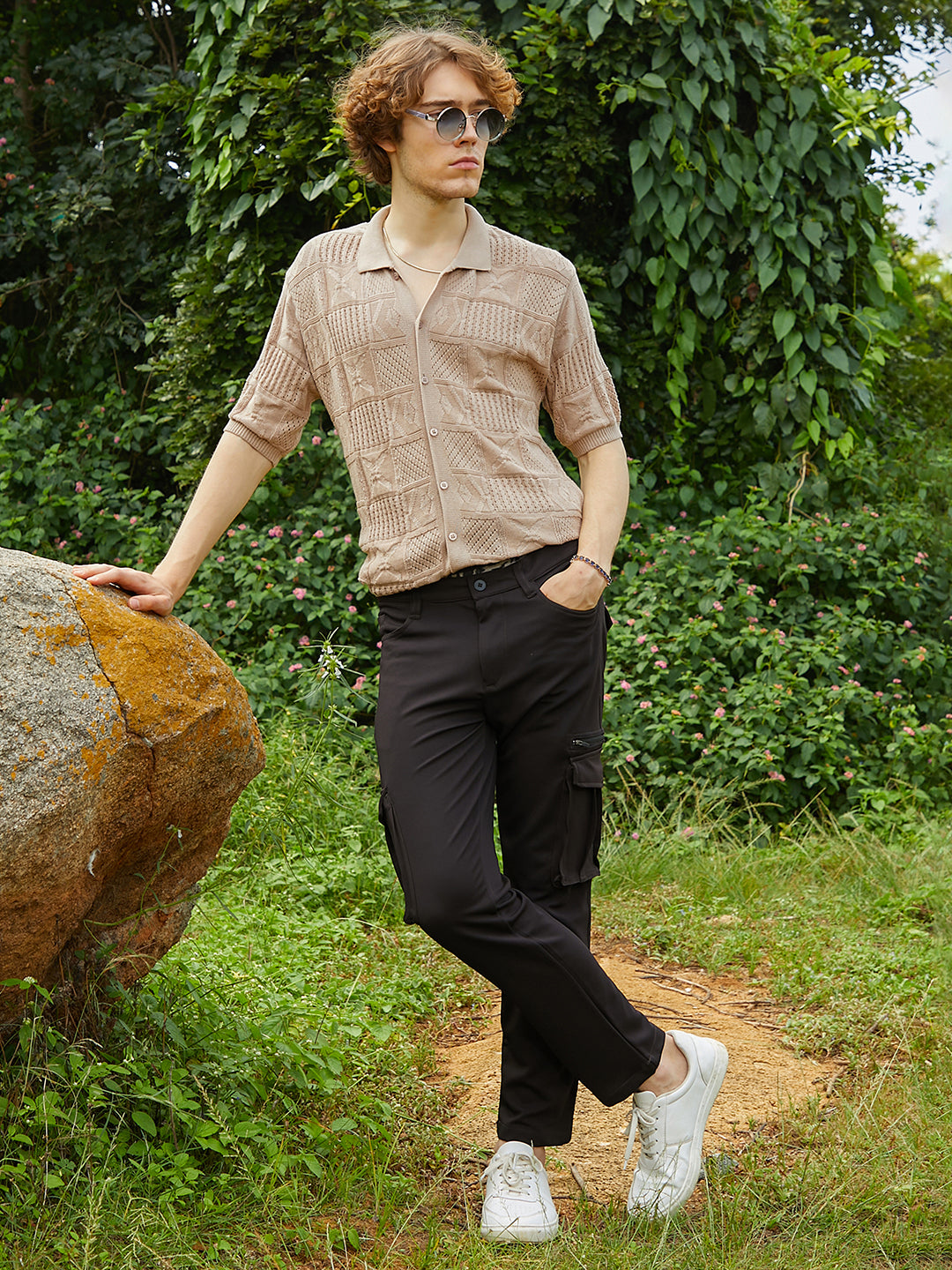 Men Sand Beige Patch-Knit Shirt