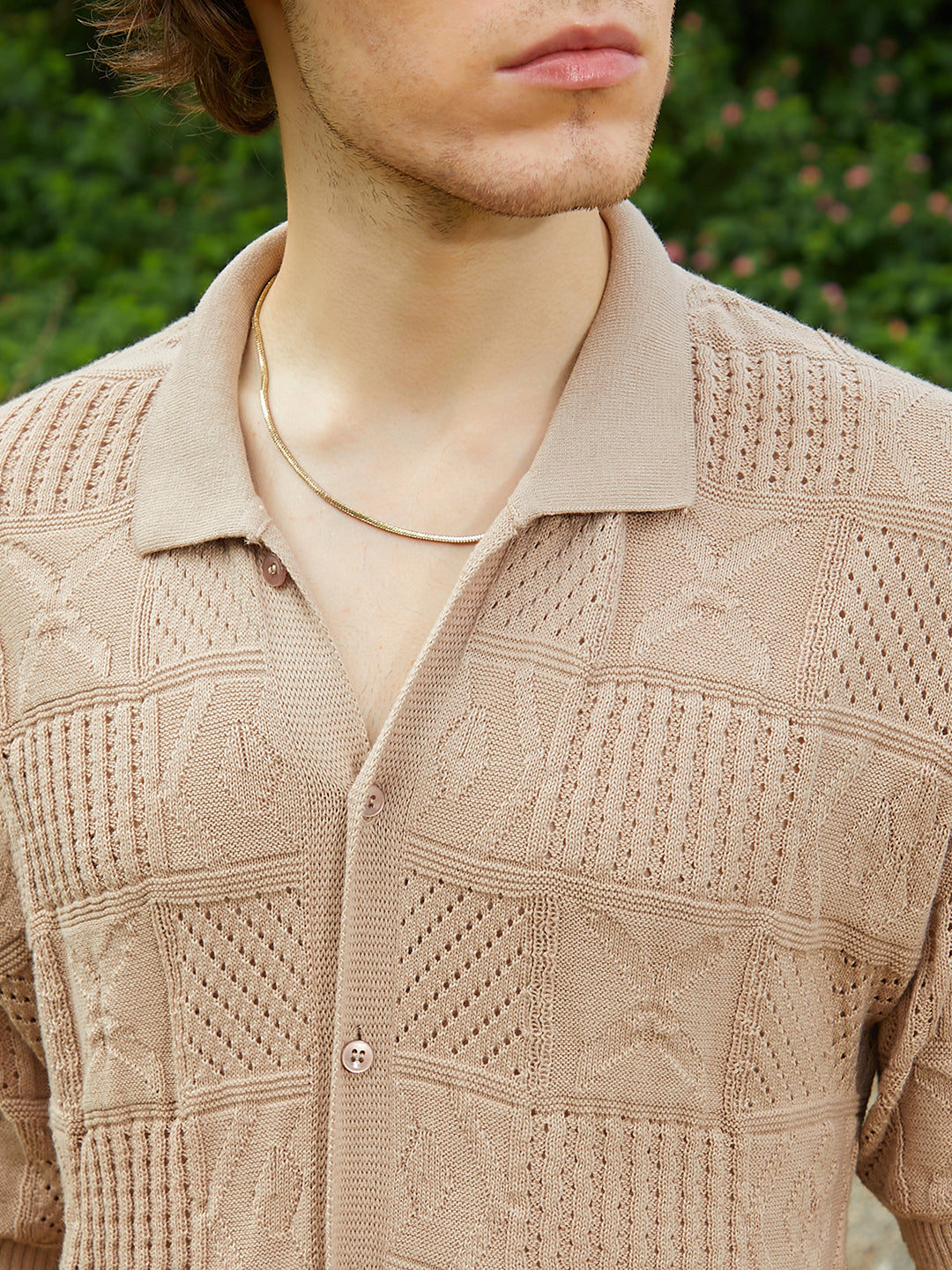 Men Sand Beige Patch-Knit Shirt
