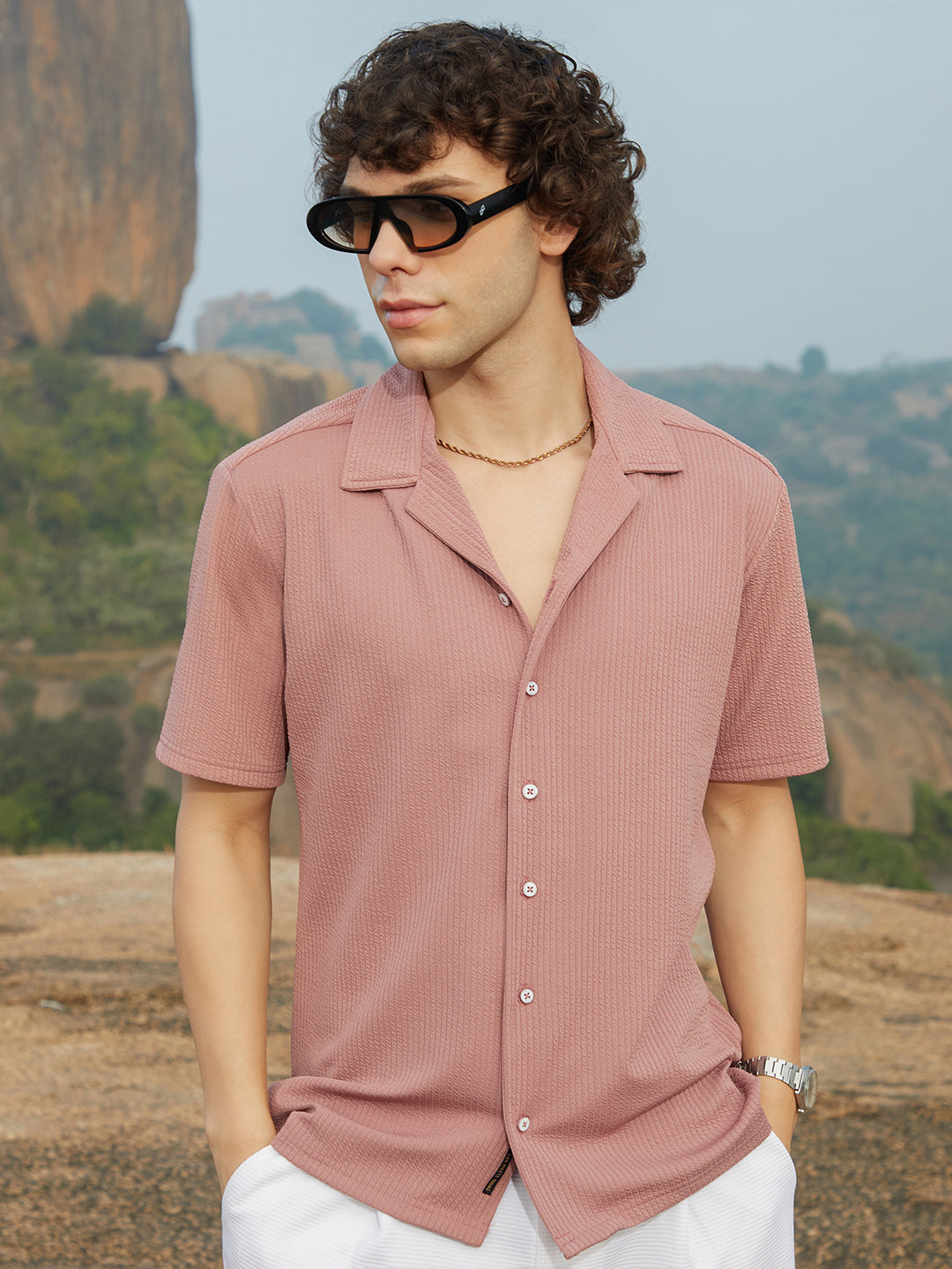 Men Nude Pink Rope-Ribbed Shirt