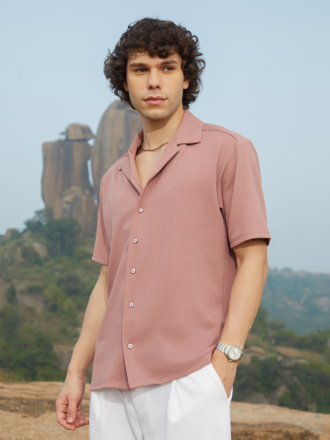 Men Nude Pink Rope-Ribbed Shirt