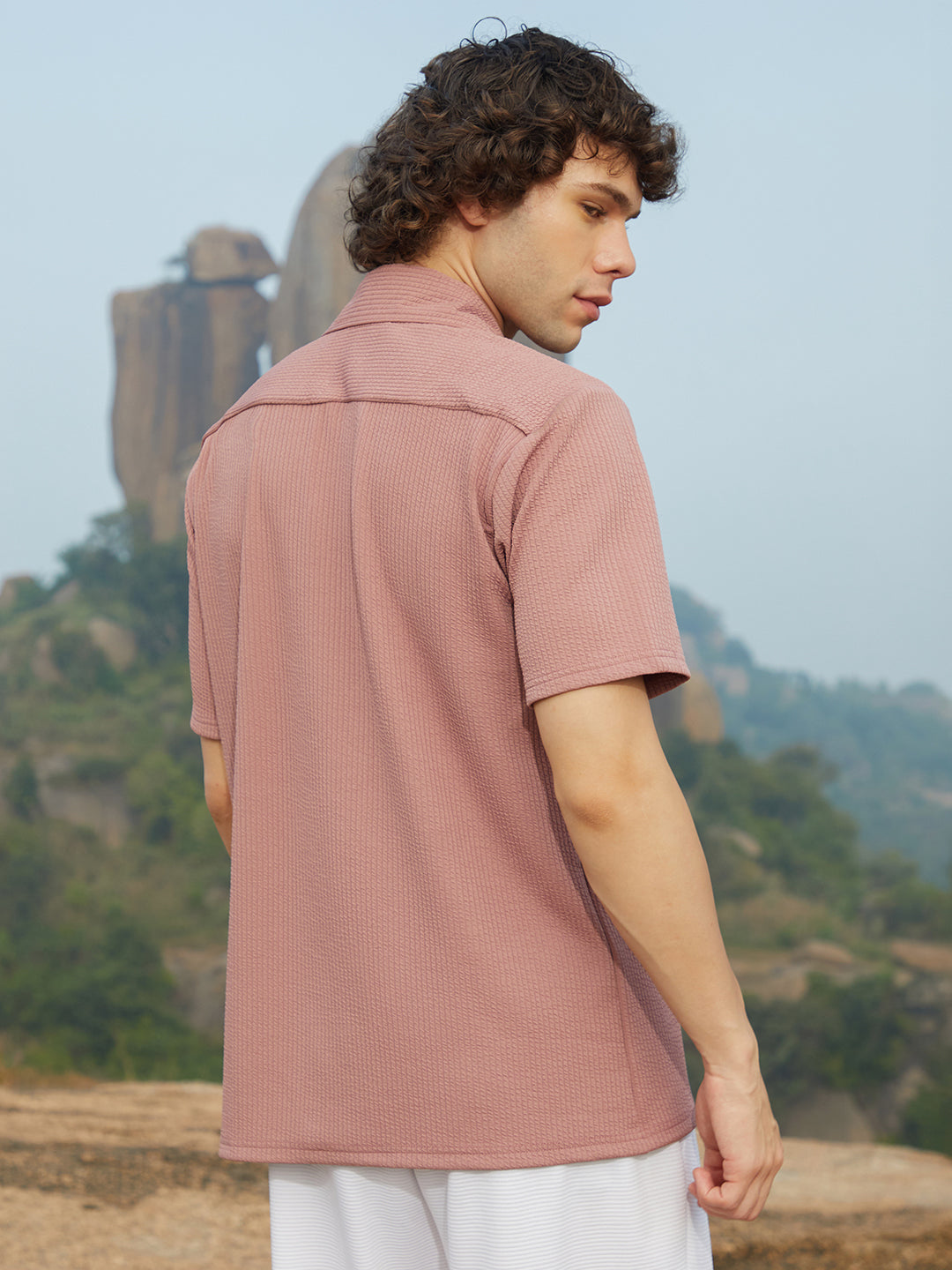Men Nude Pink Rope-Ribbed Shirt