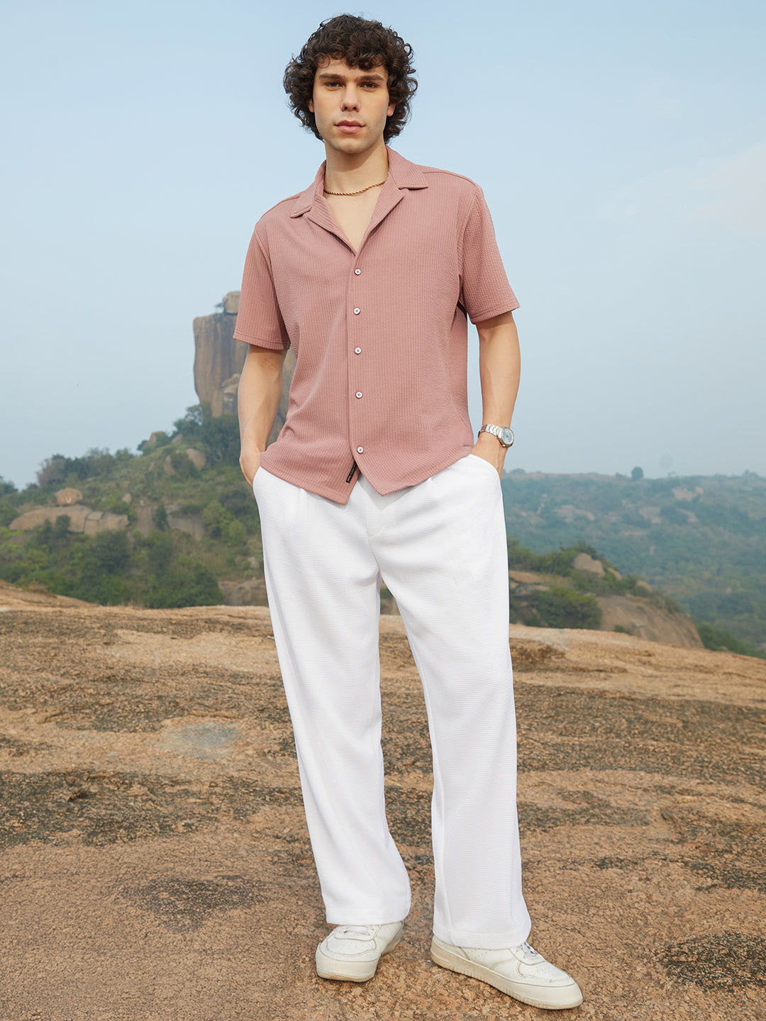 Men Nude Pink Rope-Ribbed Shirt