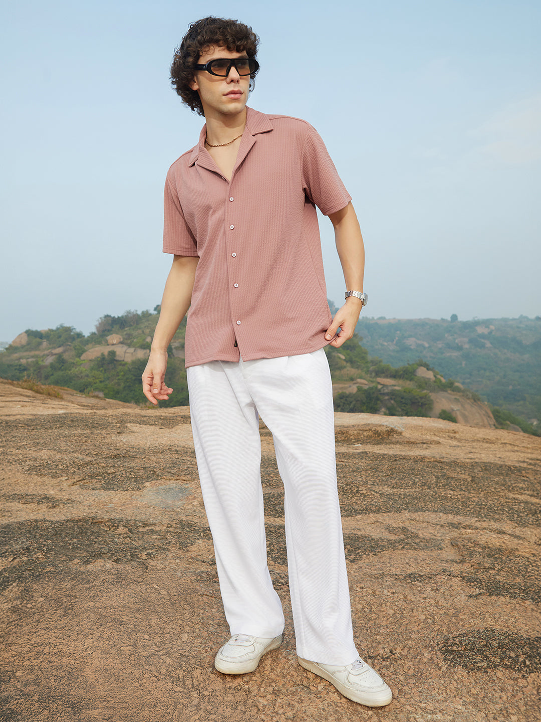 Men Nude Pink Rope-Ribbed Shirt