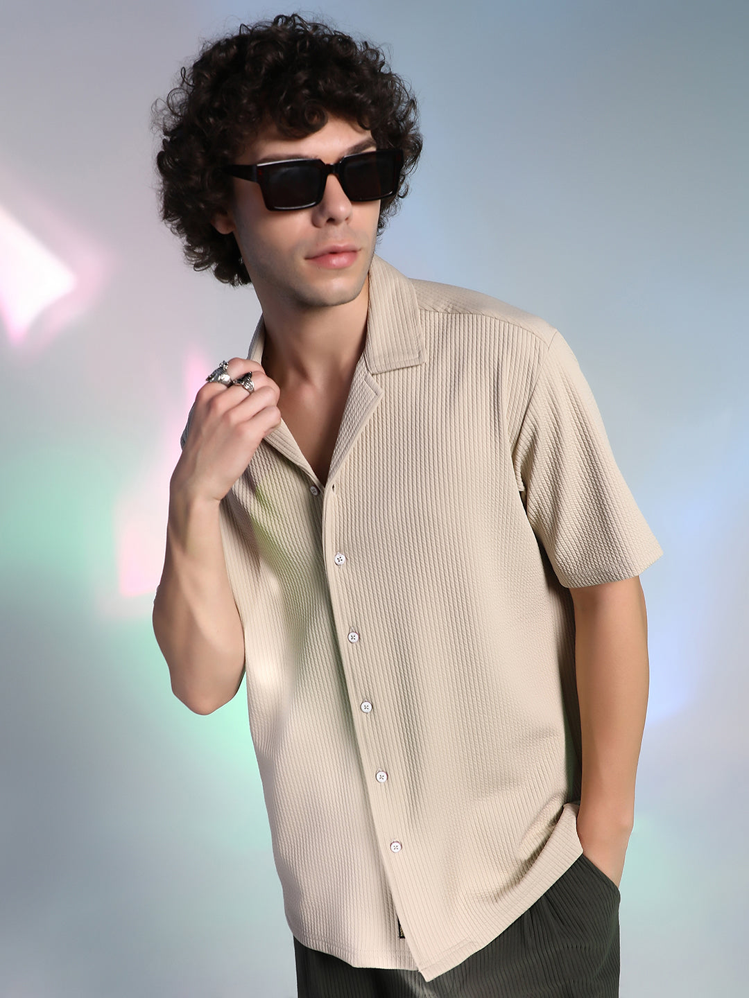 Men Sand Beige Rope-Ribbed Shirt