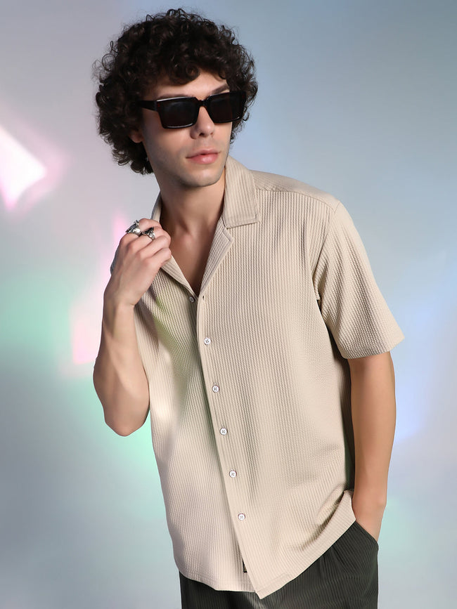 Men Sand Beige Rope-Ribbed Shirt