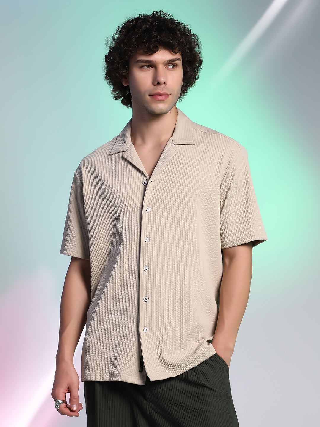 Men Sand Beige Rope-Ribbed Shirt