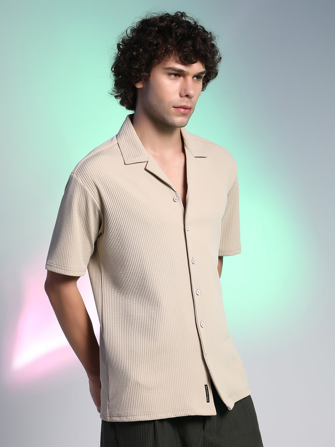 Men Sand Beige Rope-Ribbed Shirt