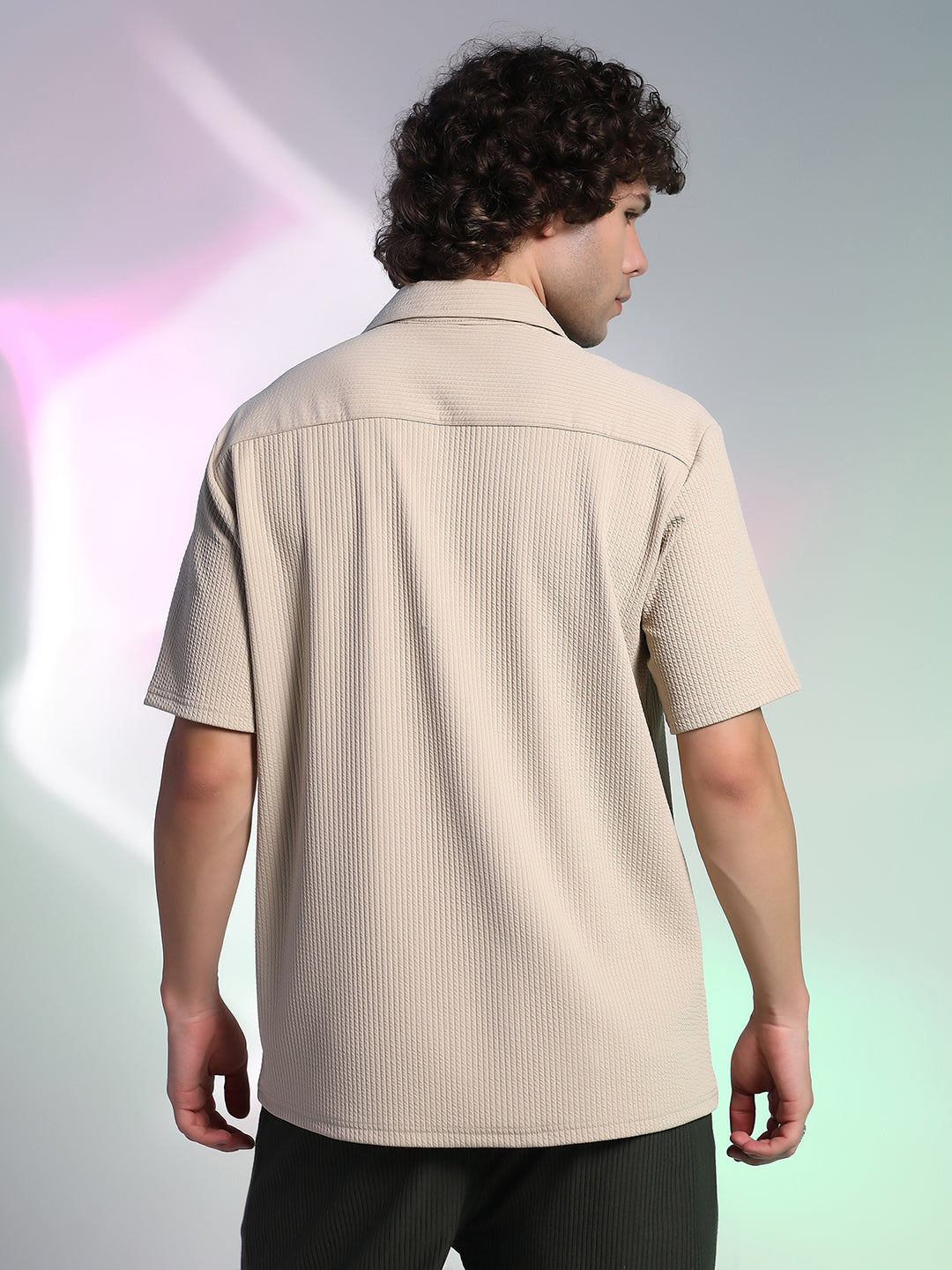 Men Sand Beige Rope-Ribbed Shirt
