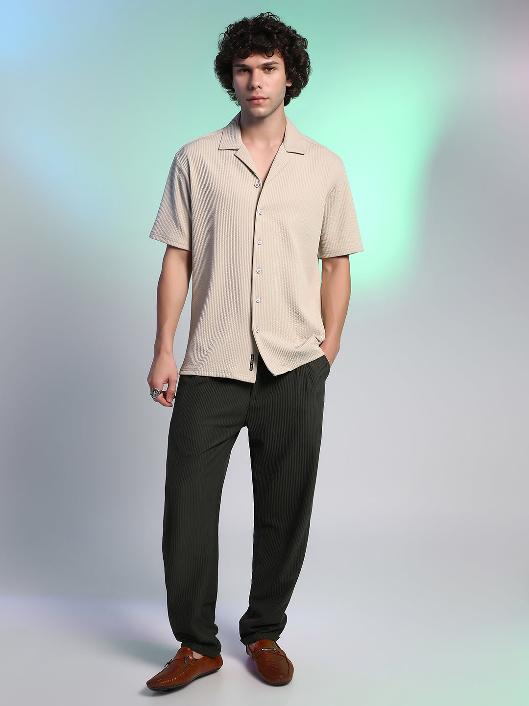 Men Sand Beige Rope-Ribbed Shirt