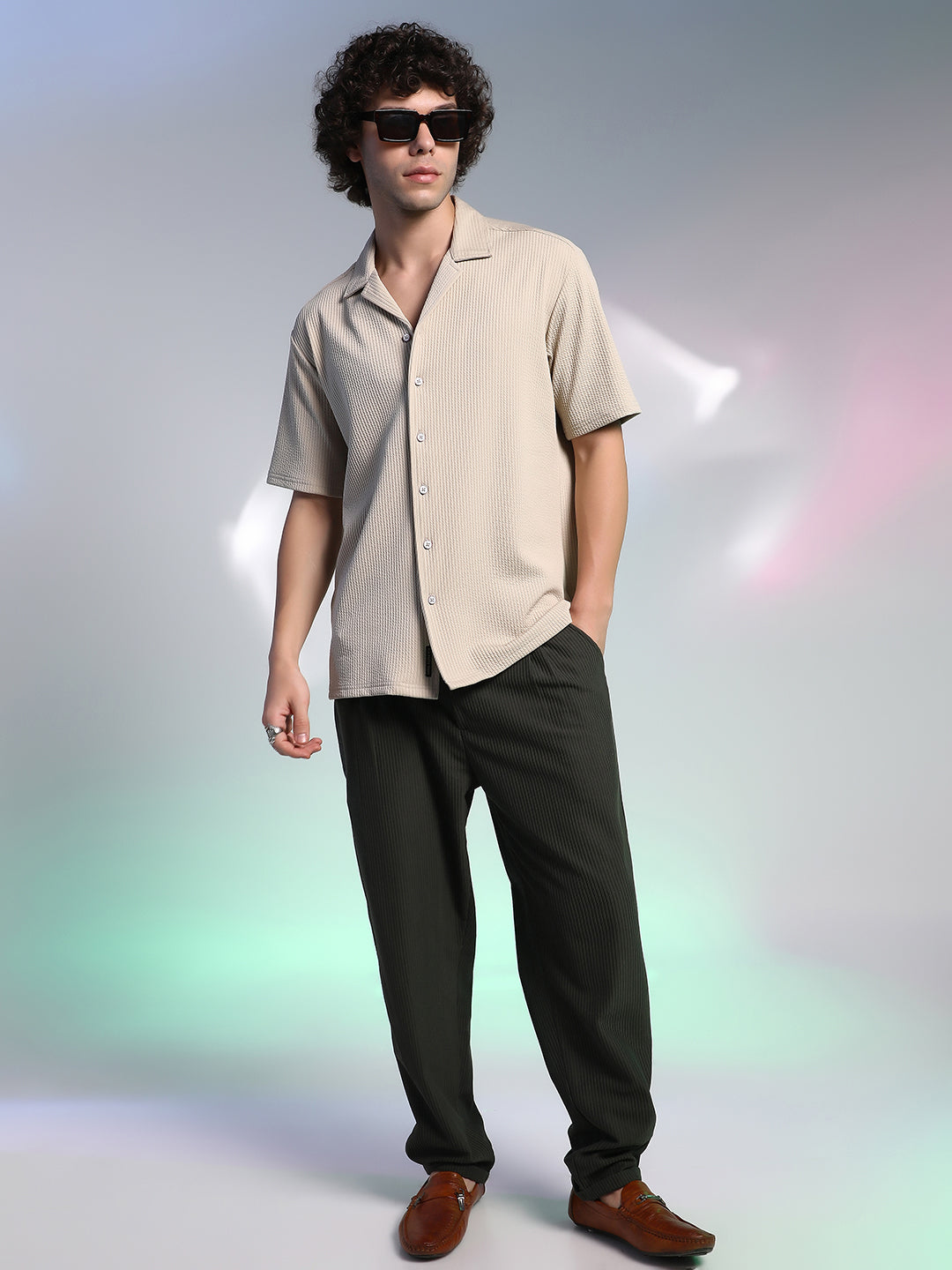 Men Sand Beige Rope-Ribbed Shirt