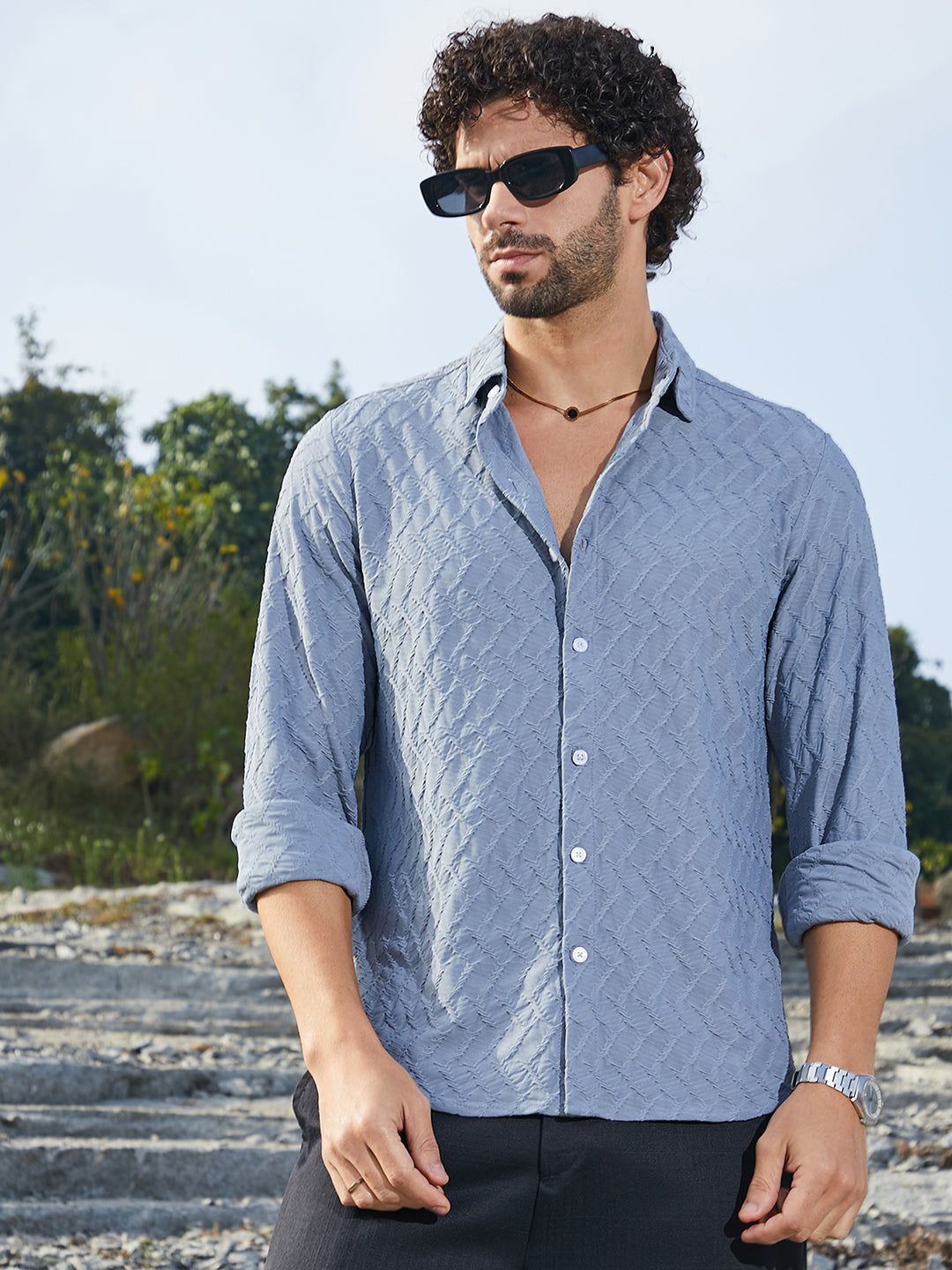 Men Cornflower Blue Herringbone-Tactile Shirt