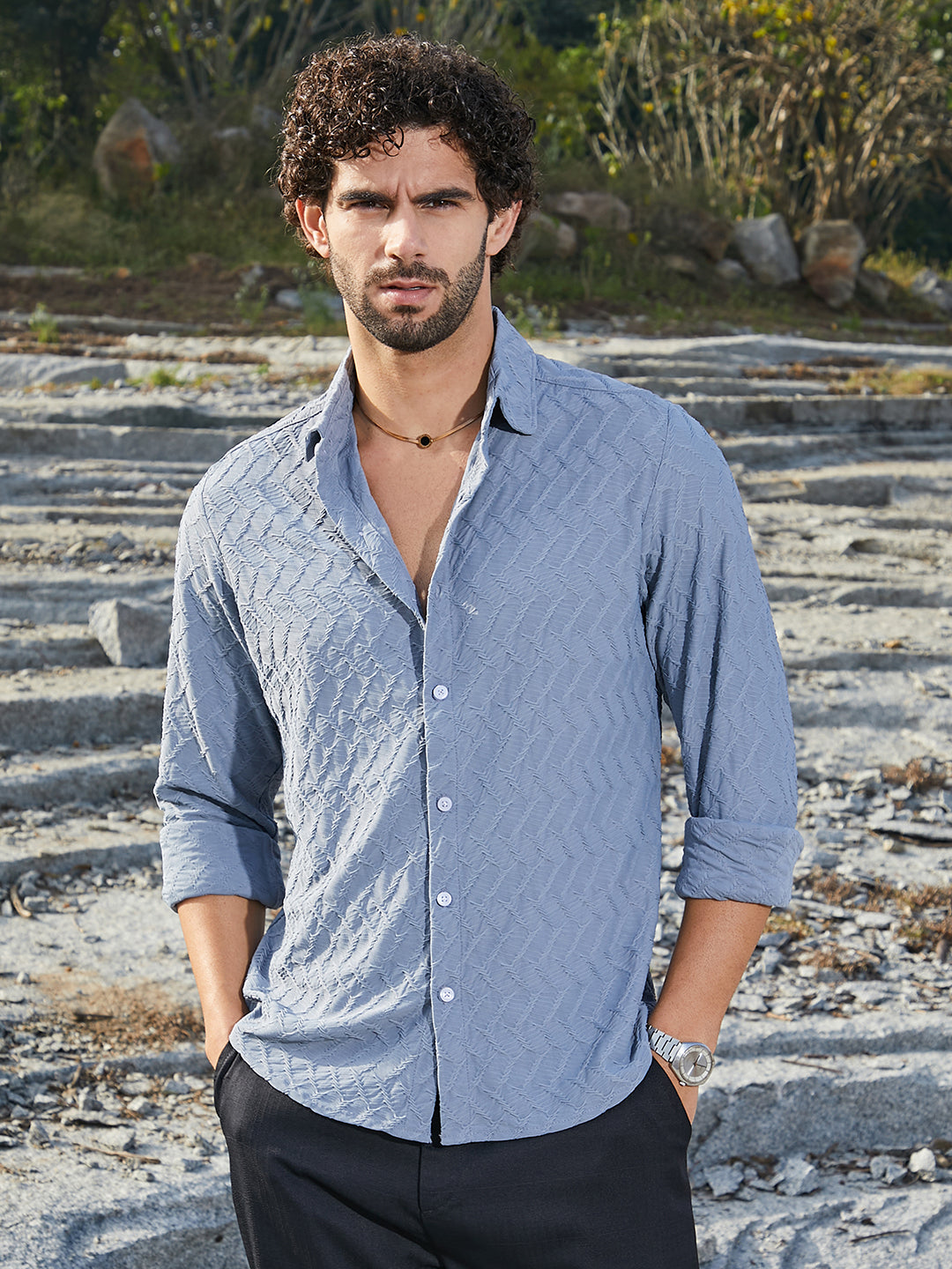 Men Cornflower Blue Herringbone-Tactile Shirt