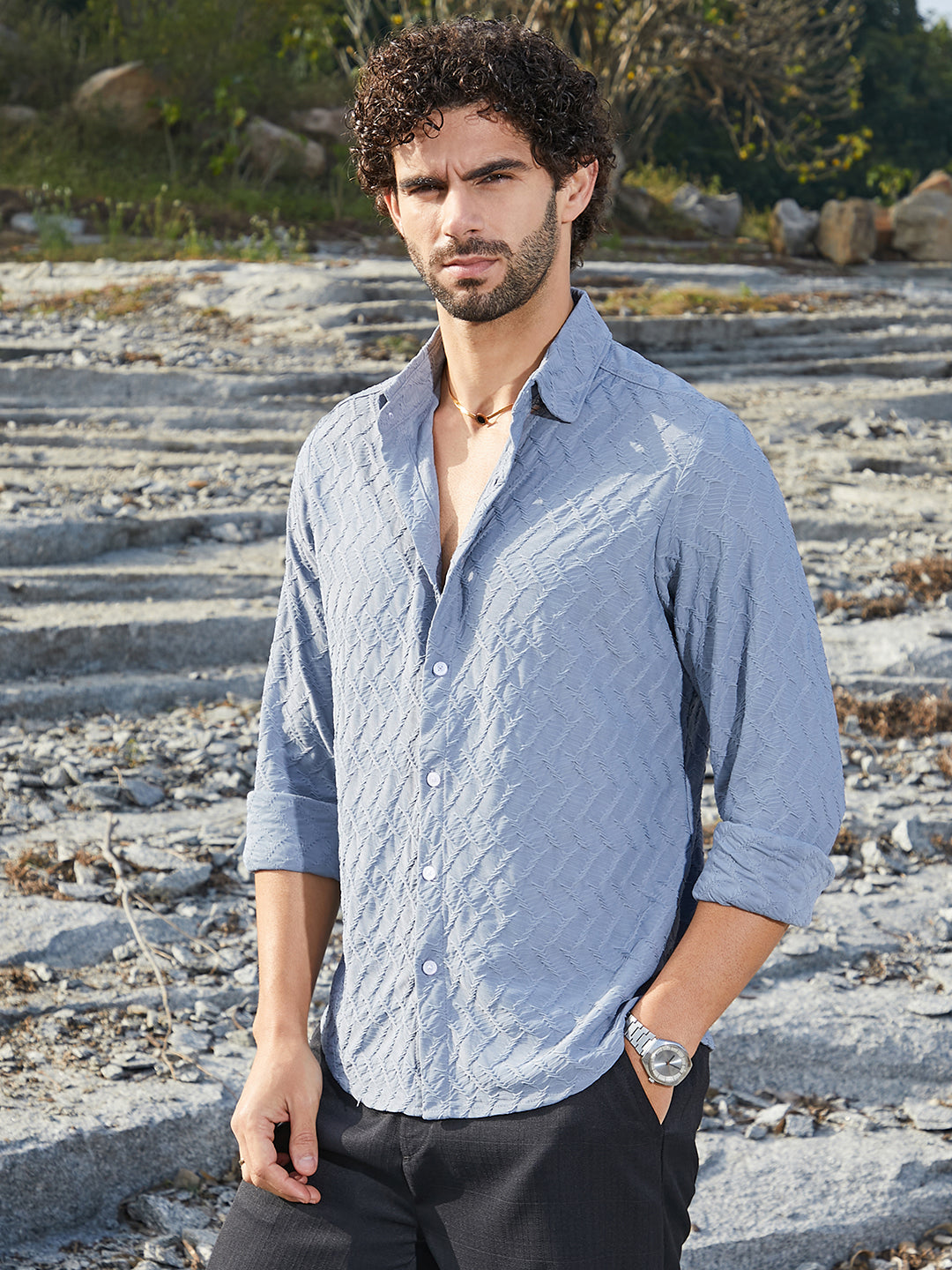 Men Cornflower Blue Herringbone-Tactile Shirt
