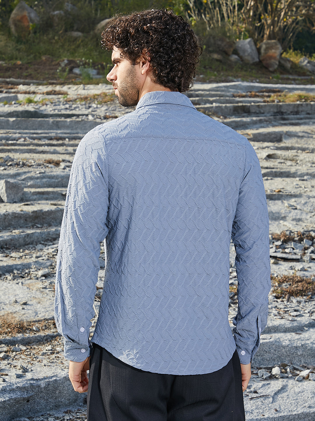 Men Cornflower Blue Herringbone-Tactile Shirt
