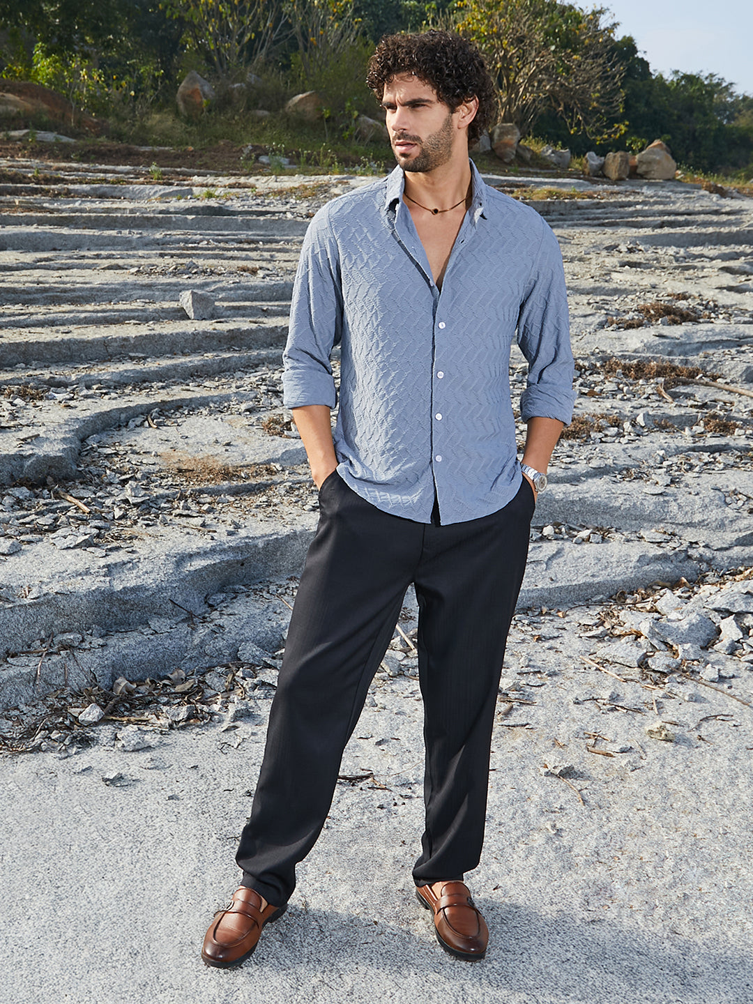 Men Cornflower Blue Herringbone-Tactile Shirt