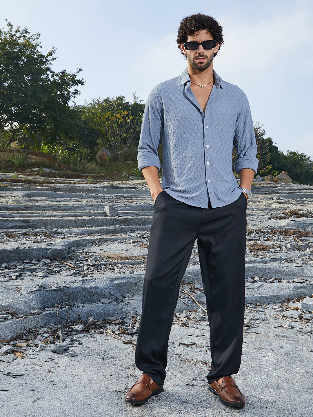 Men Cornflower Blue Herringbone-Tactile Shirt