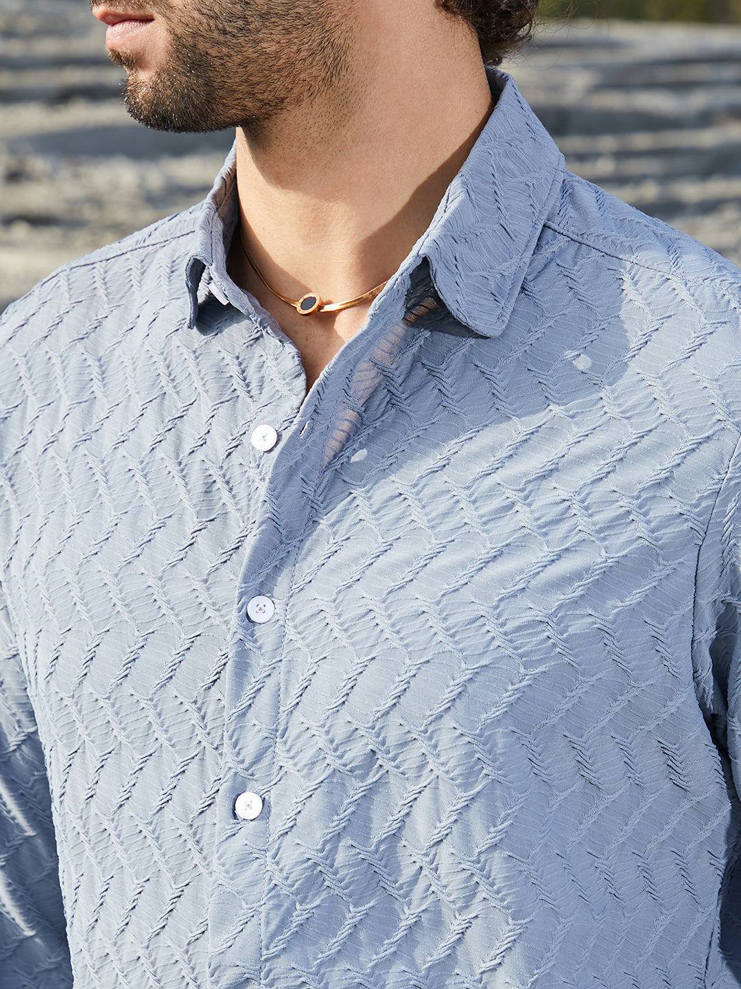 Men Cornflower Blue Herringbone-Tactile Shirt