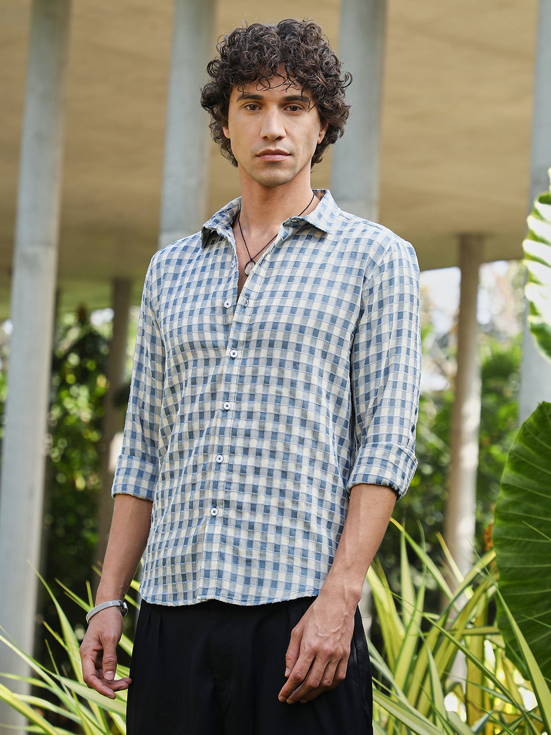 Men Cotton Blend Regular Checks Shirt