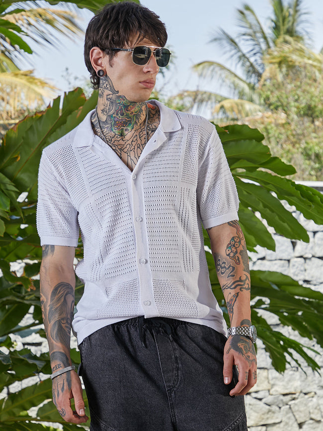 Men Chalk White Grid Open-Knit Shirt