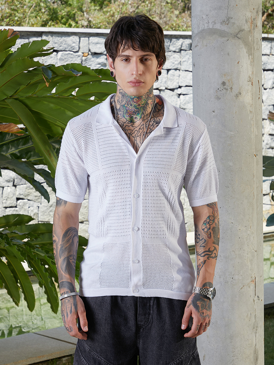 Men Chalk White Grid Open-Knit Shirt