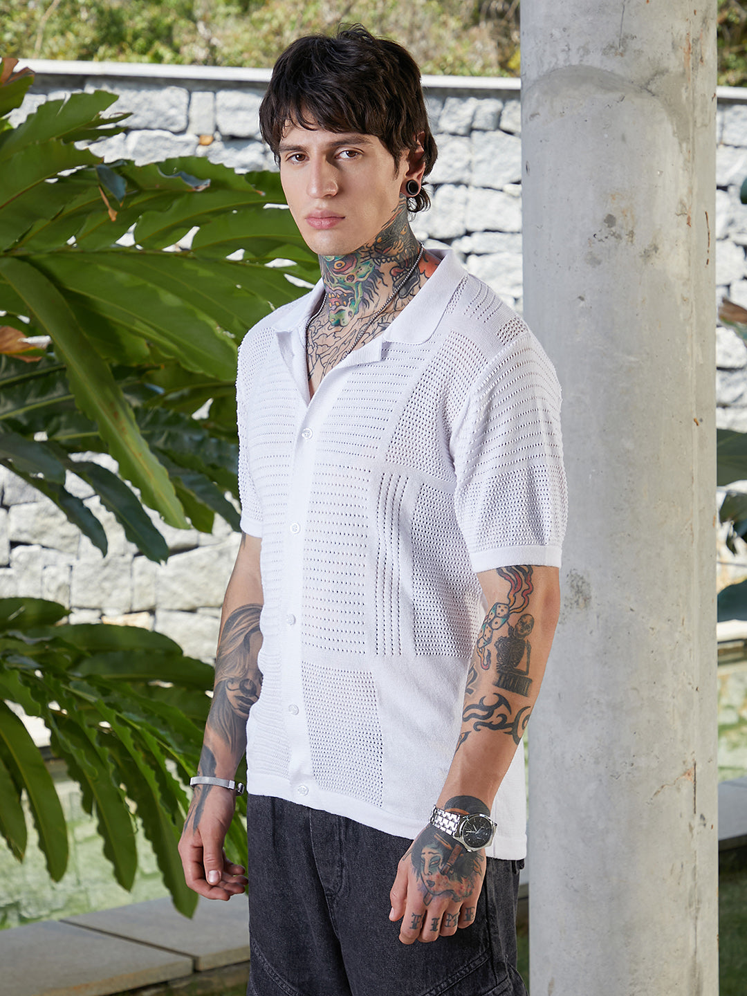 Men Chalk White Grid Open-Knit Shirt