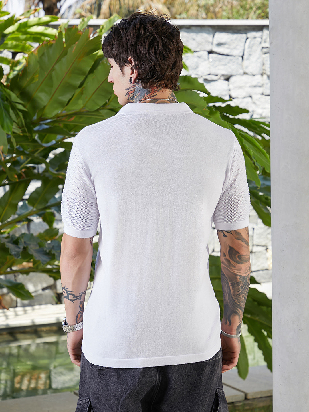 Men Chalk White Grid Open-Knit Shirt