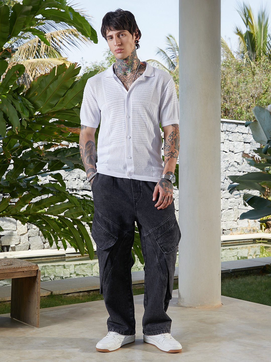 Men Chalk White Grid Open-Knit Shirt