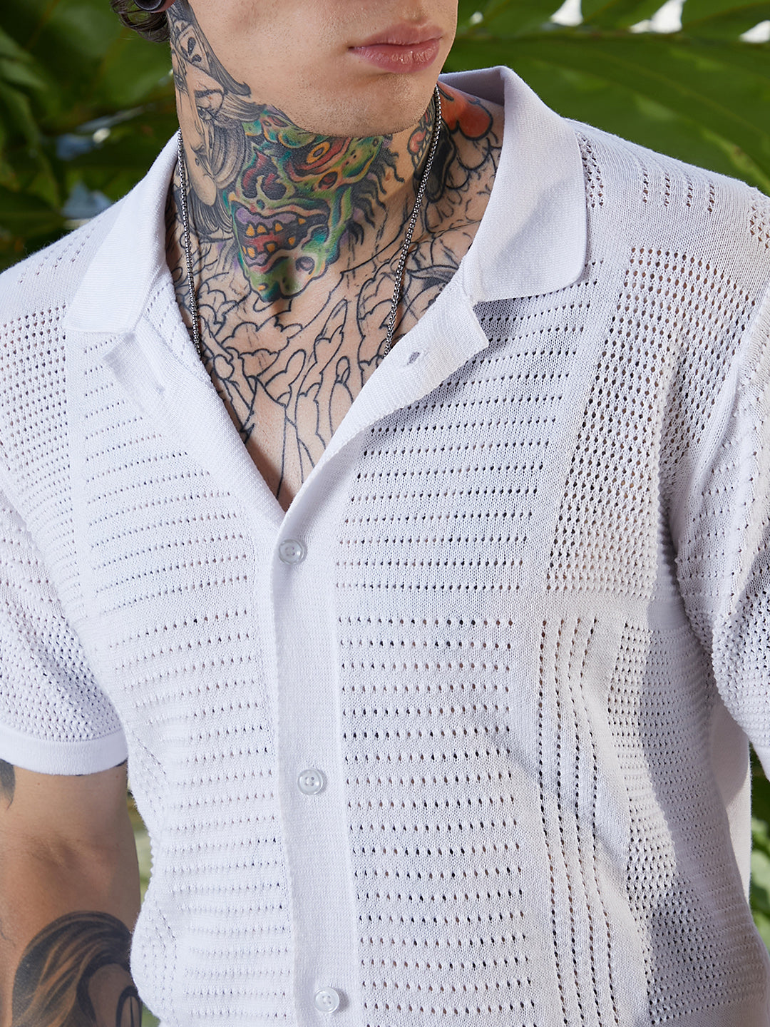 Men Chalk White Grid Open-Knit Shirt