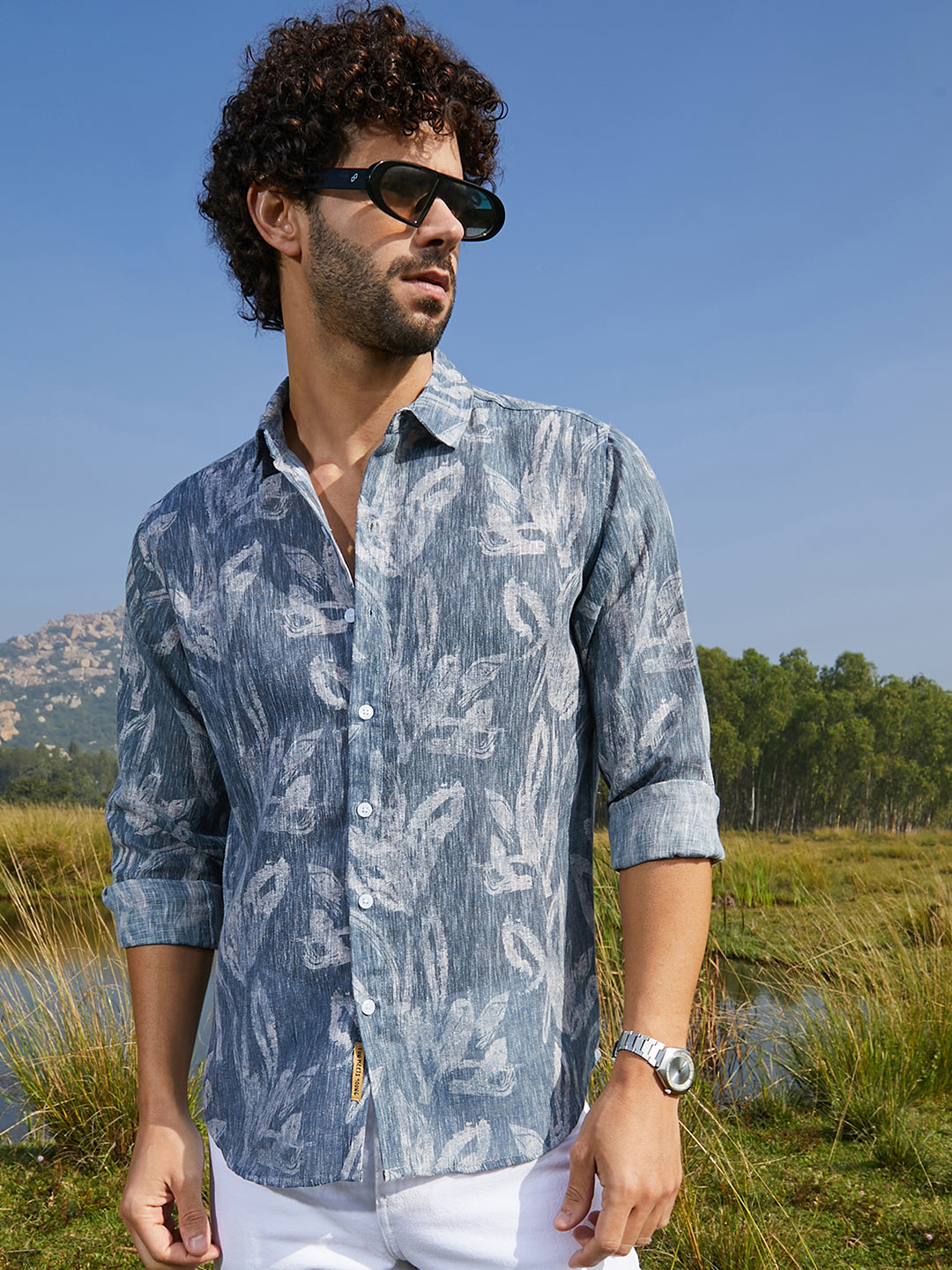 Men Steel Blue Stroked-Petals Shirt