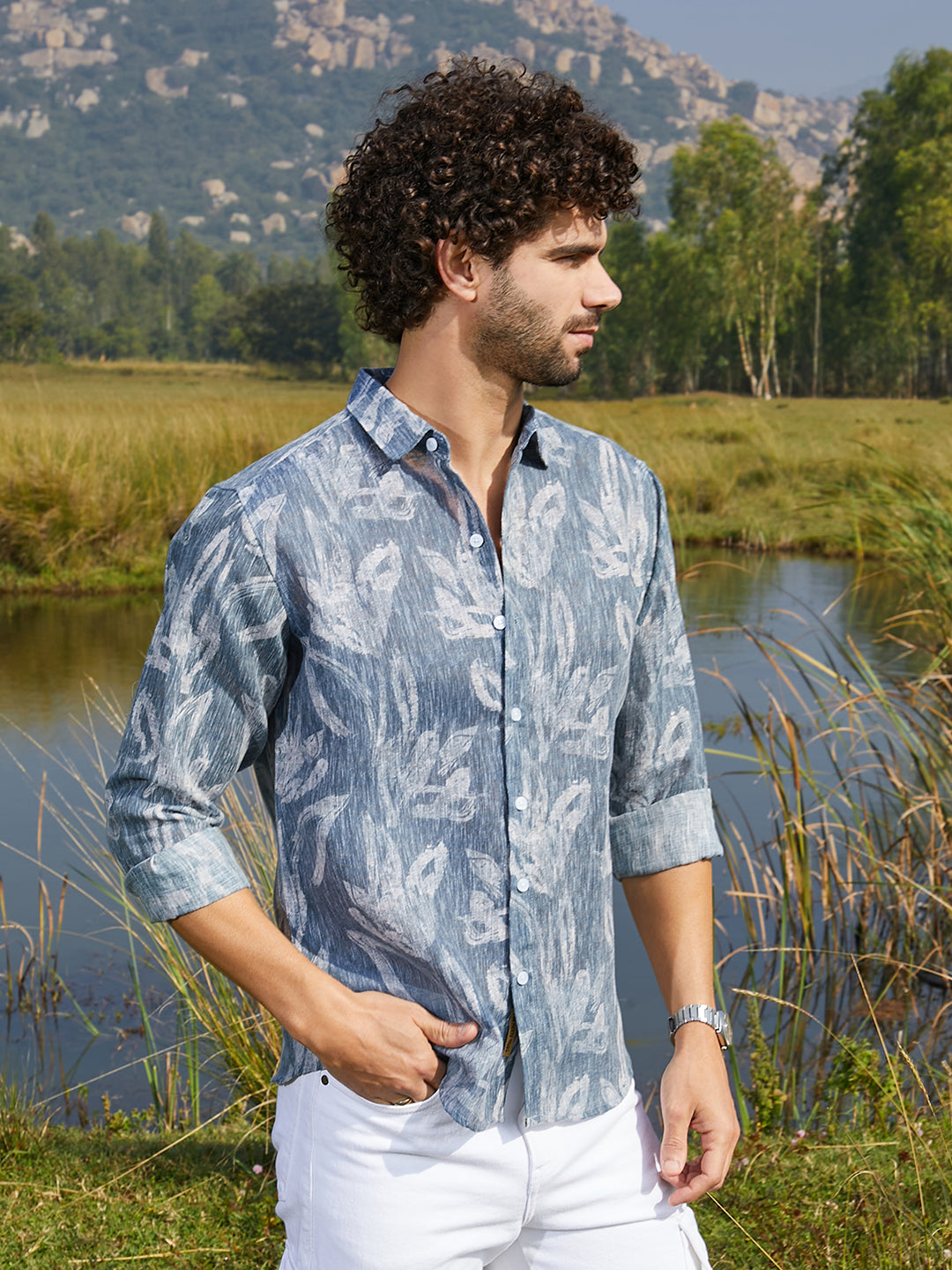 Men Steel Blue Stroked-Petals Shirt